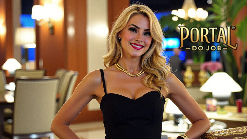 Modelo de presença VIP sorrindo em evento do job, usando vestido elegante