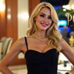 Modelo de presença VIP sorrindo em evento do job, usando vestido elegante