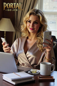 Lola do Job com celular no home office